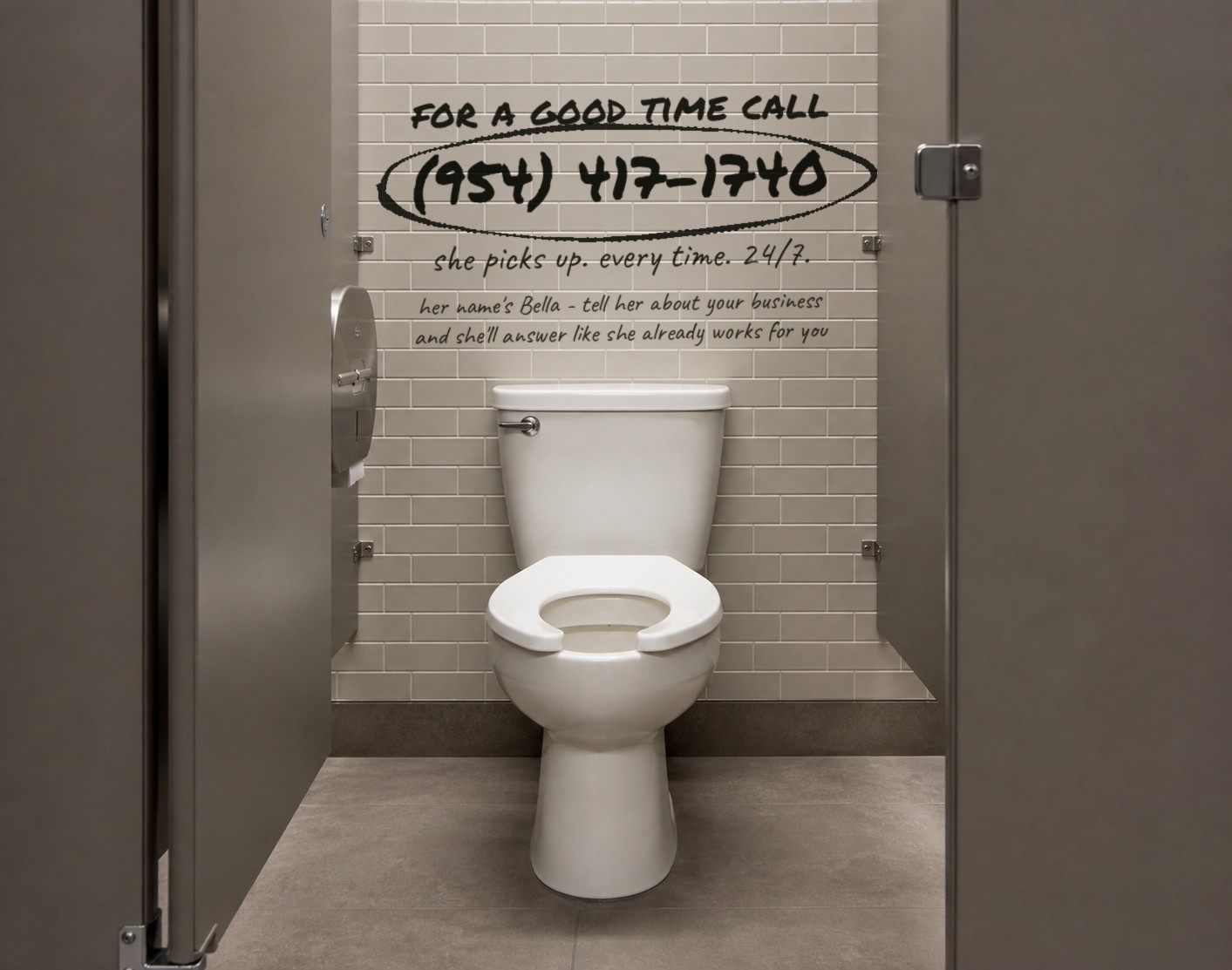 Bathroom stall wall with writing: for a good time call (954) 417-1740 — she picks up, every time, 24/7